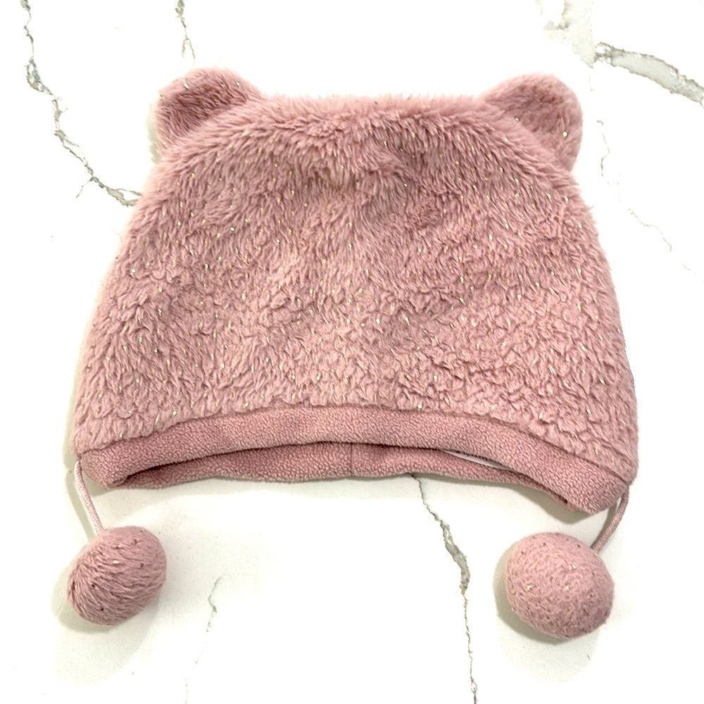 Girls Kids Pink Bear Ears Fleece Winter Hat Gold Flecks Pom Poms Size 52 (6 5/8)
